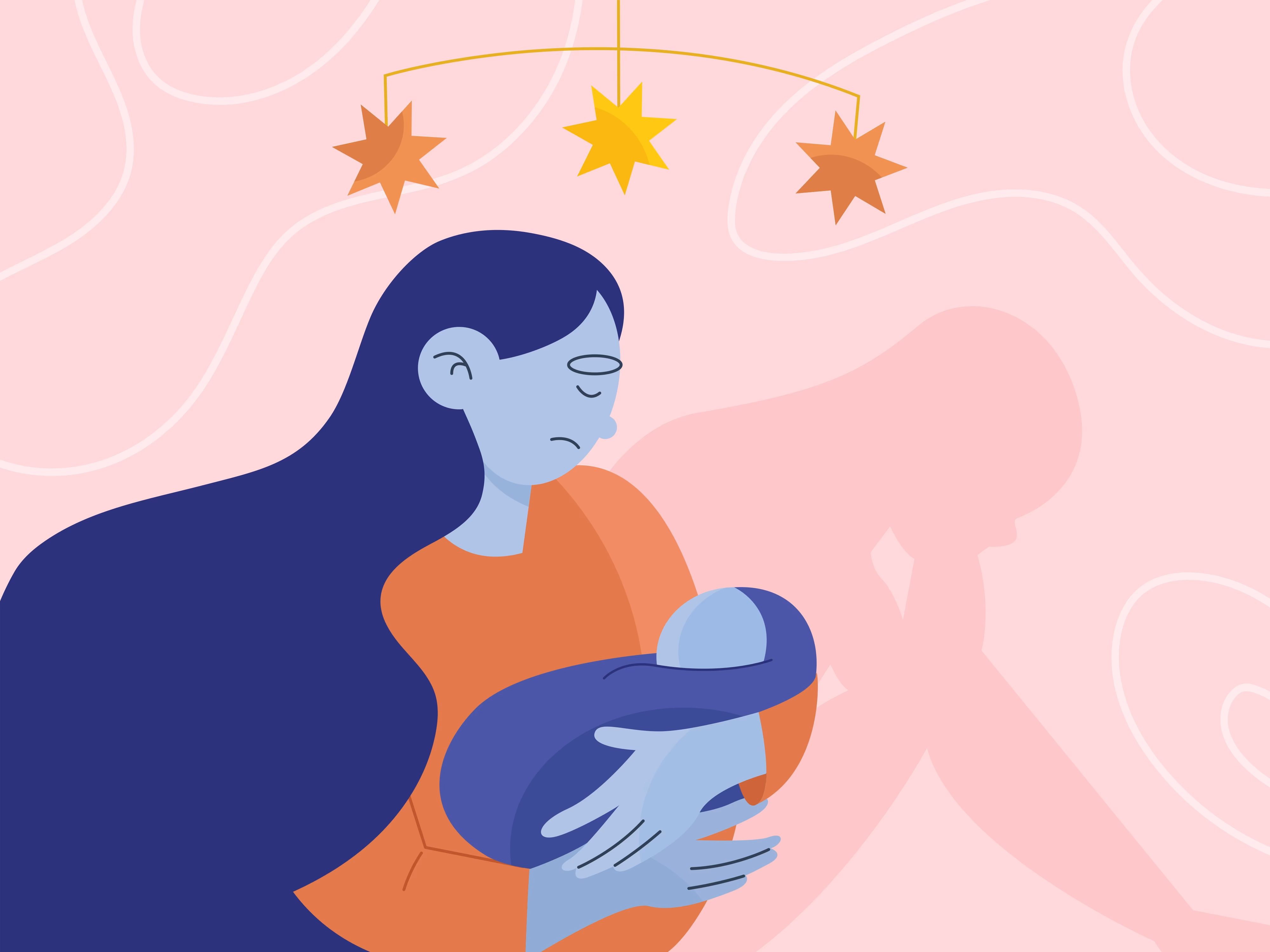 An illustration of a mother warmly holding her baby